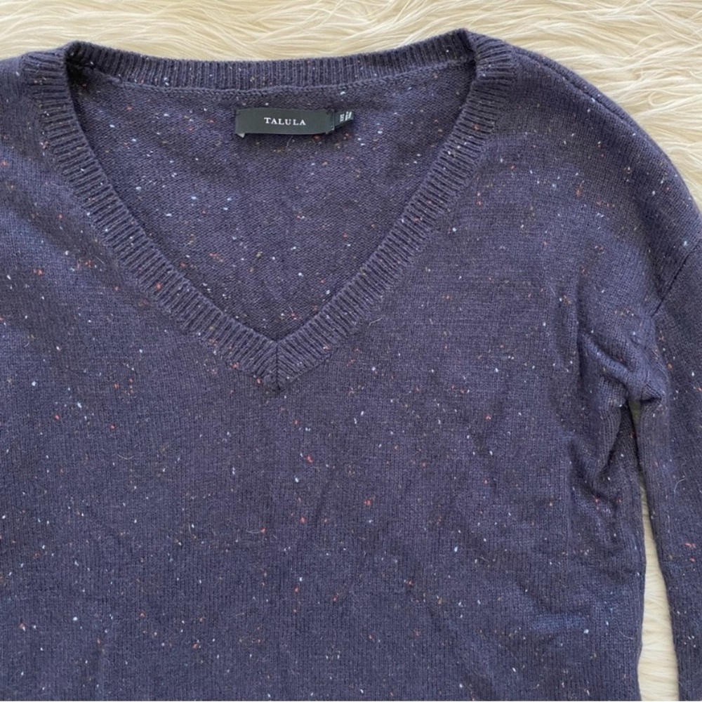 Aritzia Talula Blue Marled Knit V-Neck Wool Blend Sweater Vented Hem Jumper - Picture 4 of 11